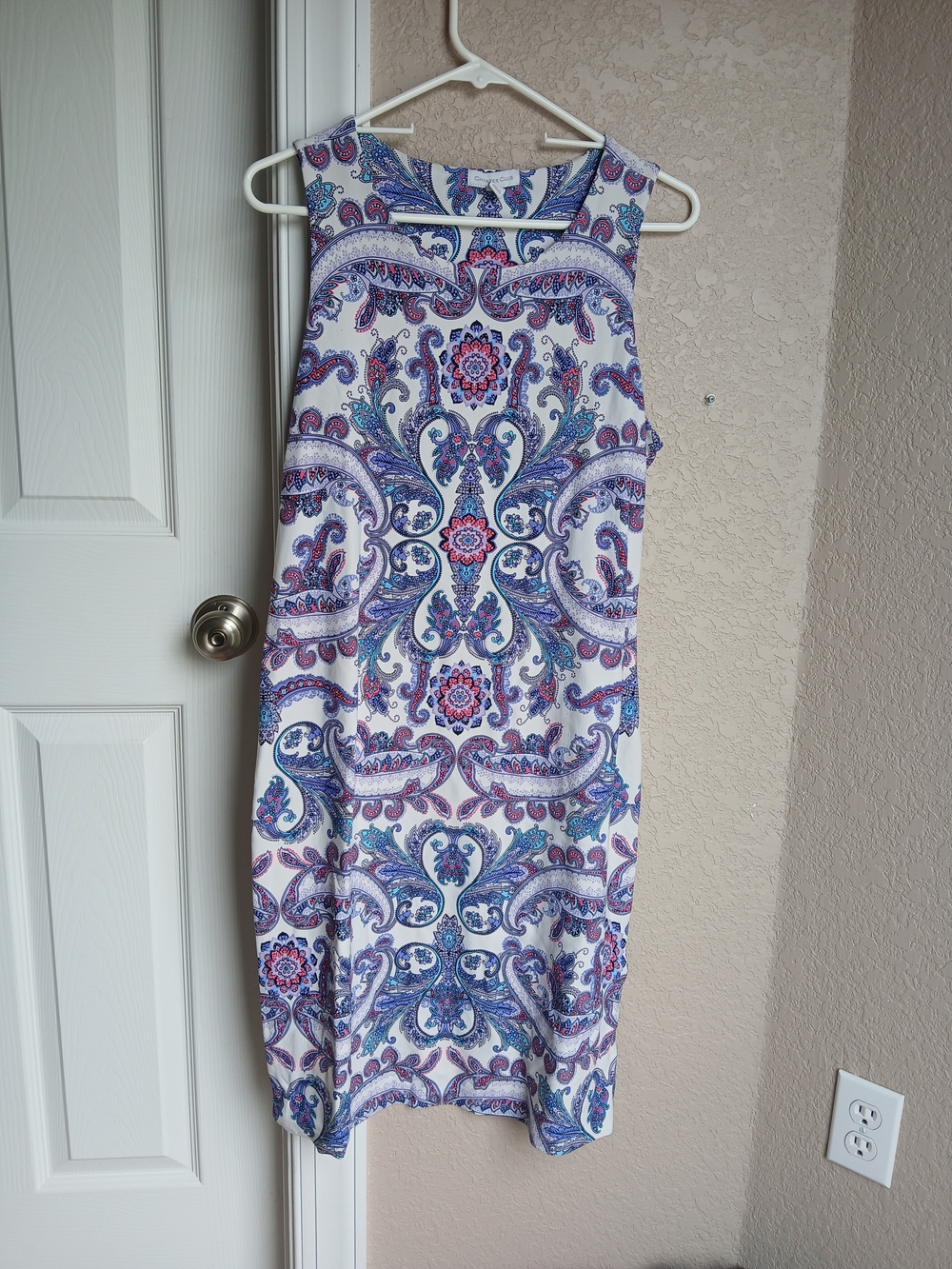Sleeveless White Dress with Blue & Purple Paisley Print